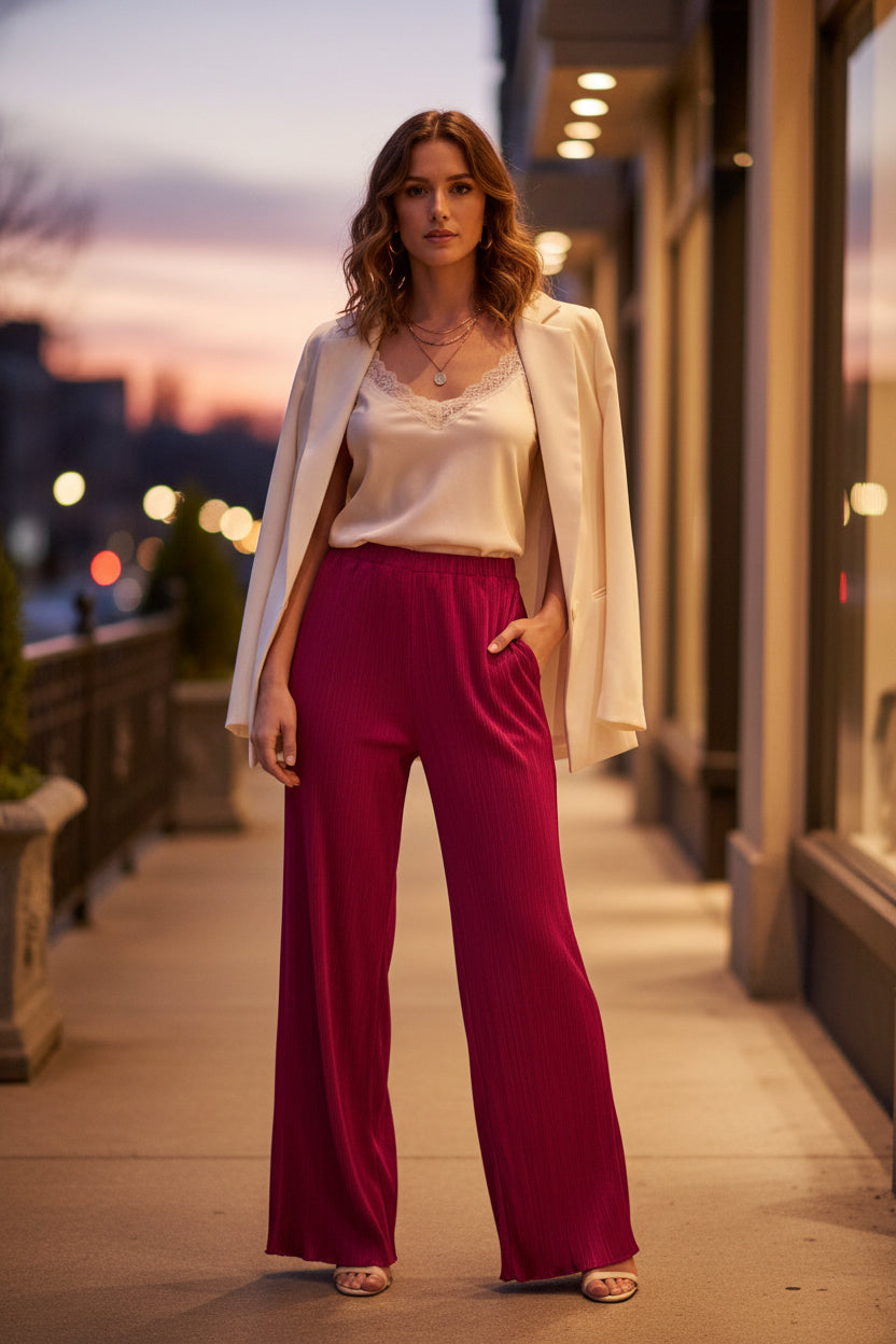 Long Plisse Woven Pants With Elastic Waist