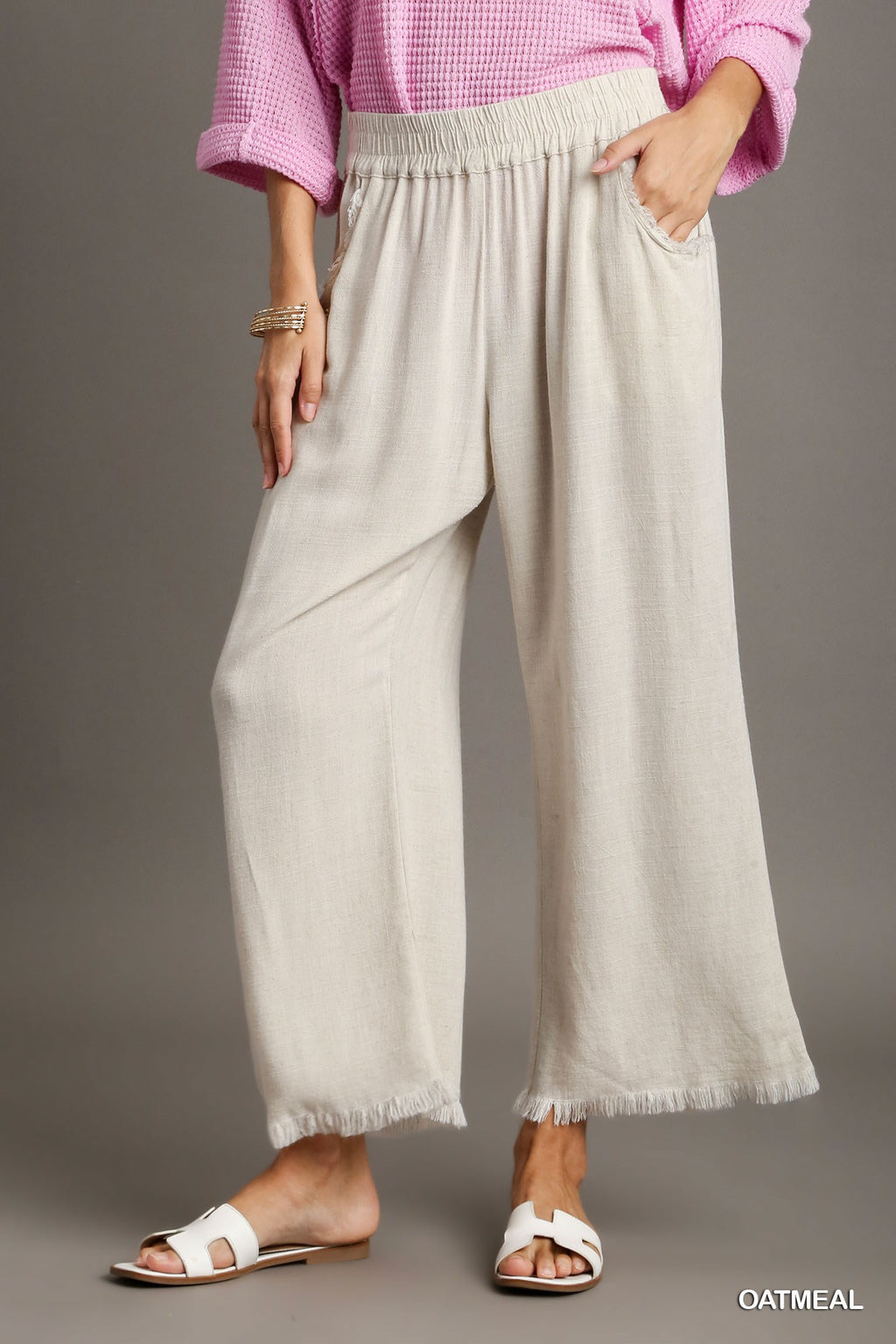 Linen Blend Elastic Waist Wide Leg Pants