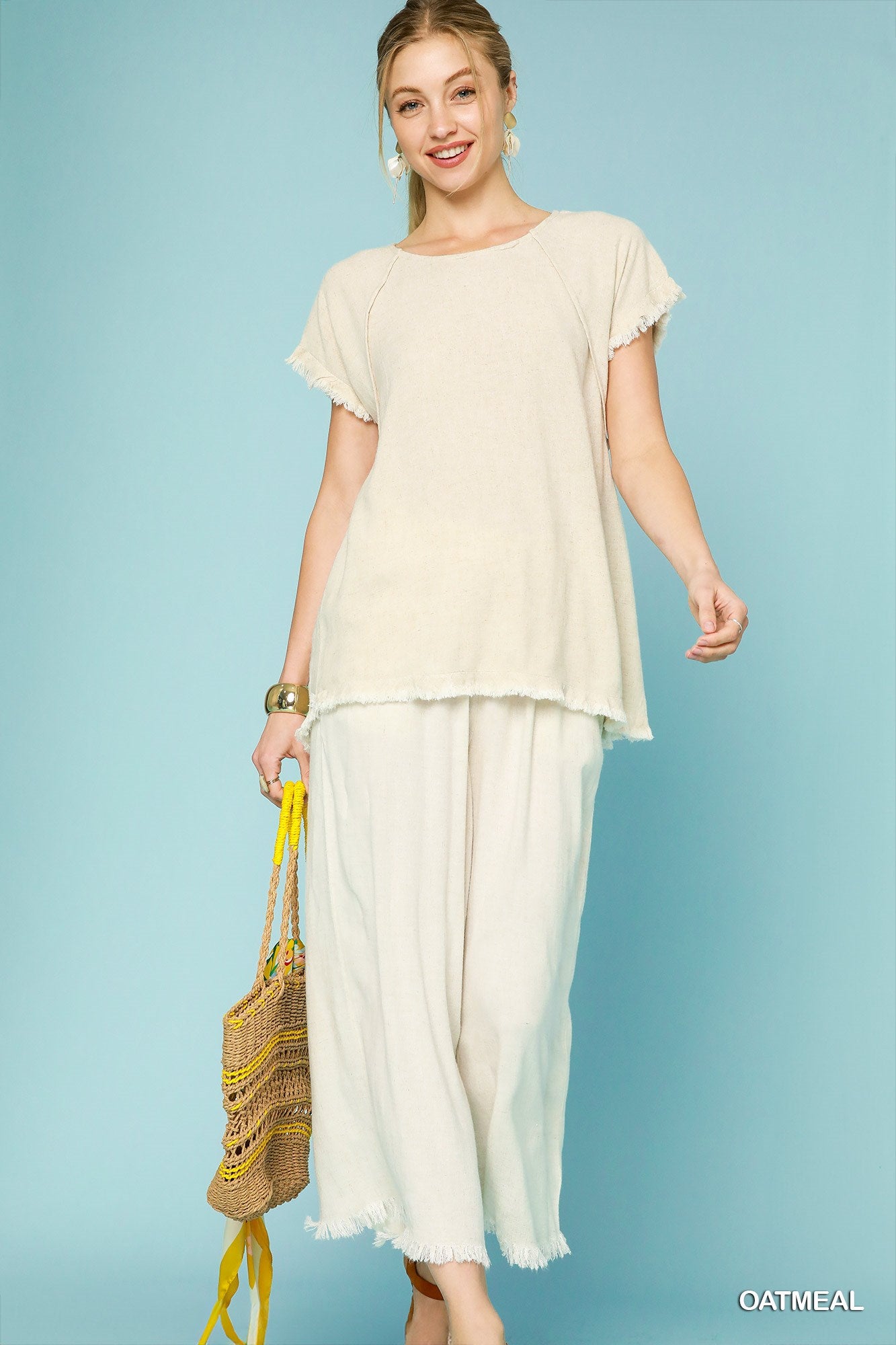 Linen Blend Elastic Waist Wide Leg Pants