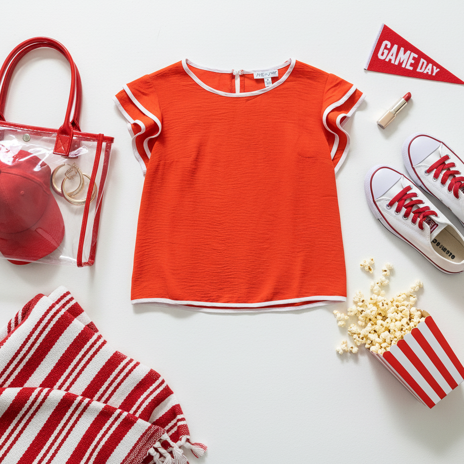Game Day Ruffle Sleeve Contrast Piping Top