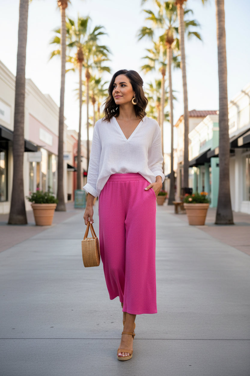 Wide Leg Texture Knit Capri Pants with Pockets