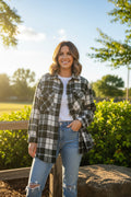 Long Sleeve Button Down Plaid Shacket With Side Pocket
