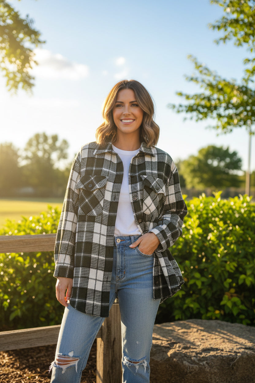 Long Sleeve Button Down Plaid Shacket With Side Pocket