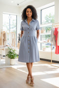 Short Sleeve Pleated Waist Button Down Stretch Woven Dress with Side Pockets