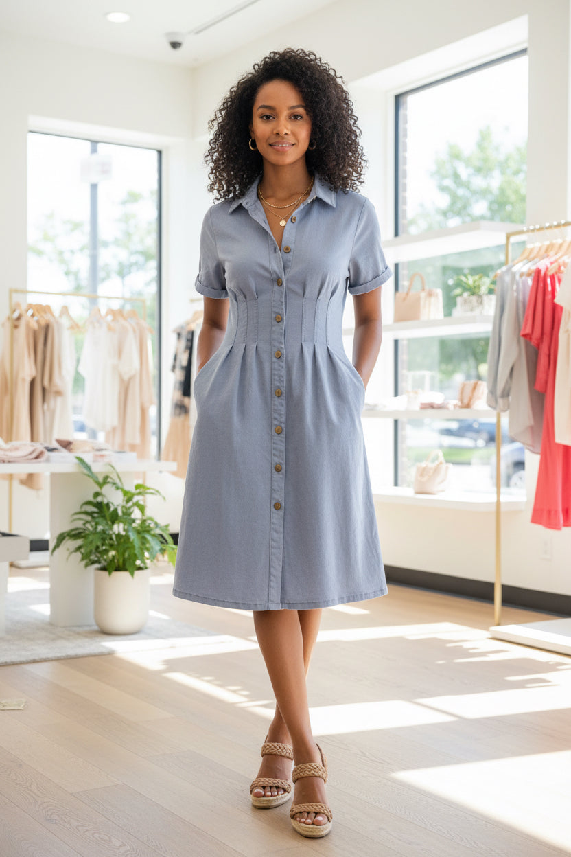 Short Sleeve Pleated Waist Button Down Stretch Woven Dress with Side Pockets