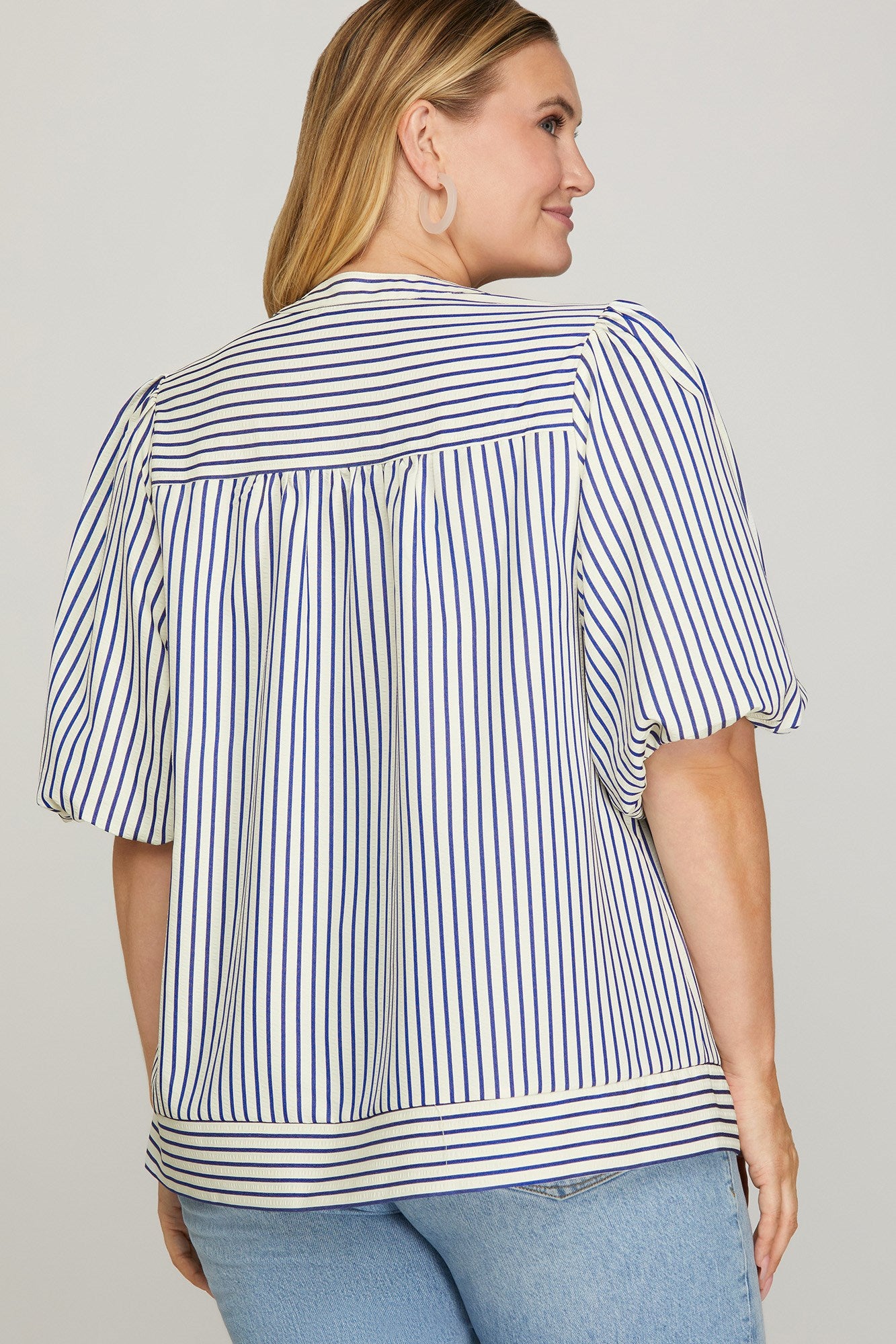 Bubble Sleeve Striped Woven Top
