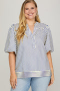 Bubble Sleeve Striped Woven Top