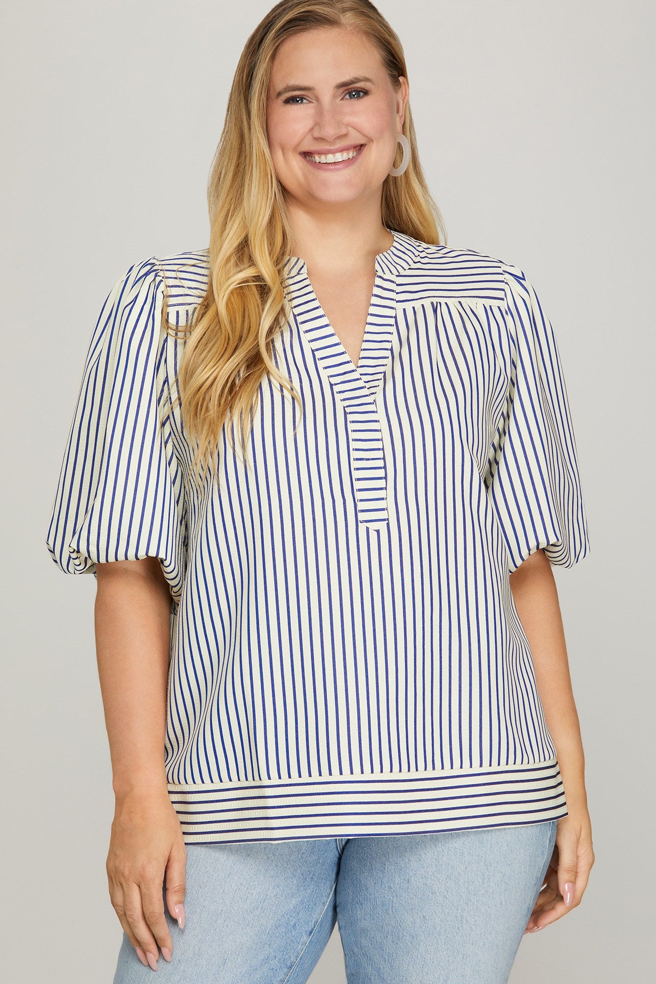 Bubble Sleeve Striped Woven Top