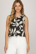 Sleeveless Back Button Down Printed Top