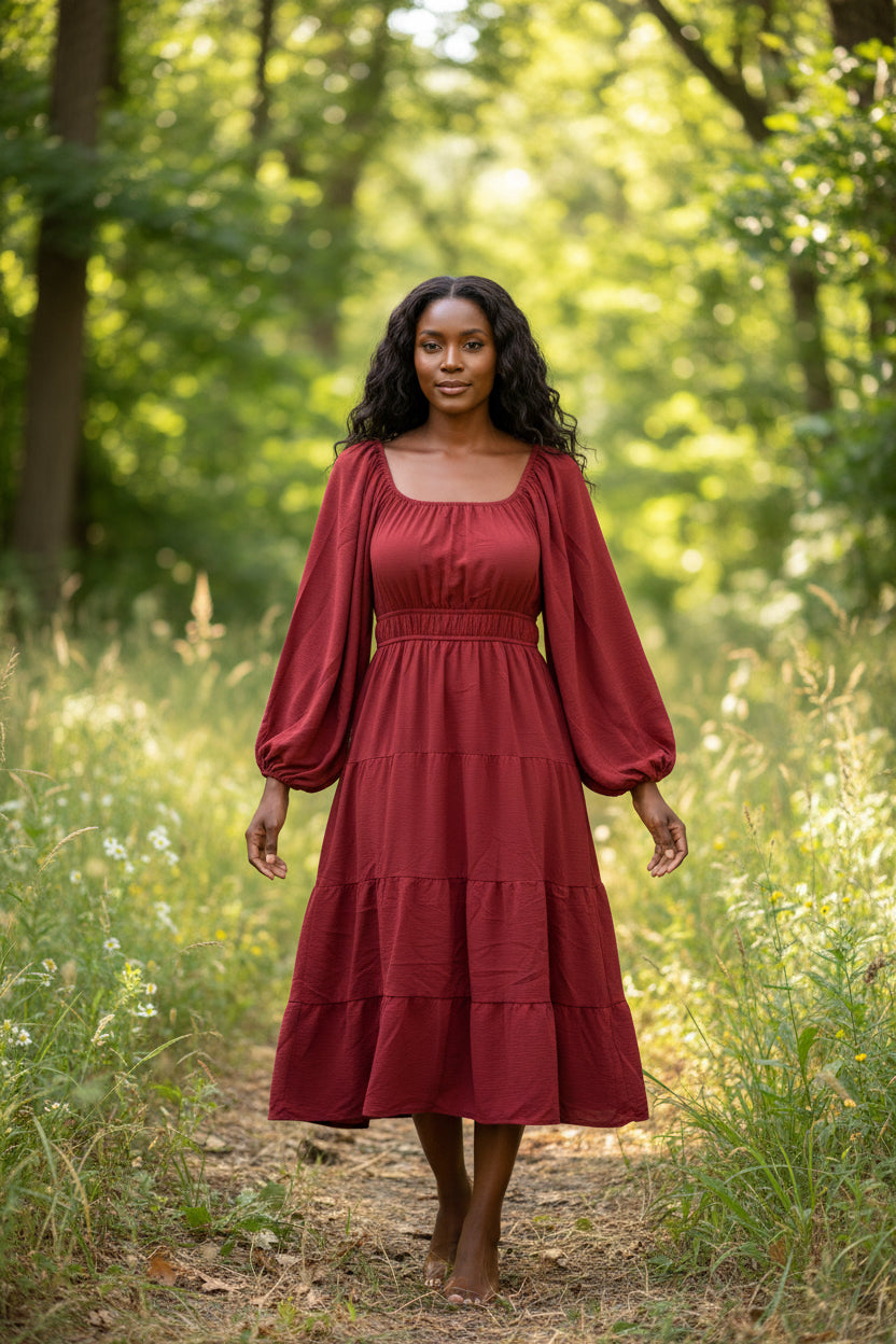 Long Sleeve Woven Tiered Dress With Waist Elastic And Side Pockets