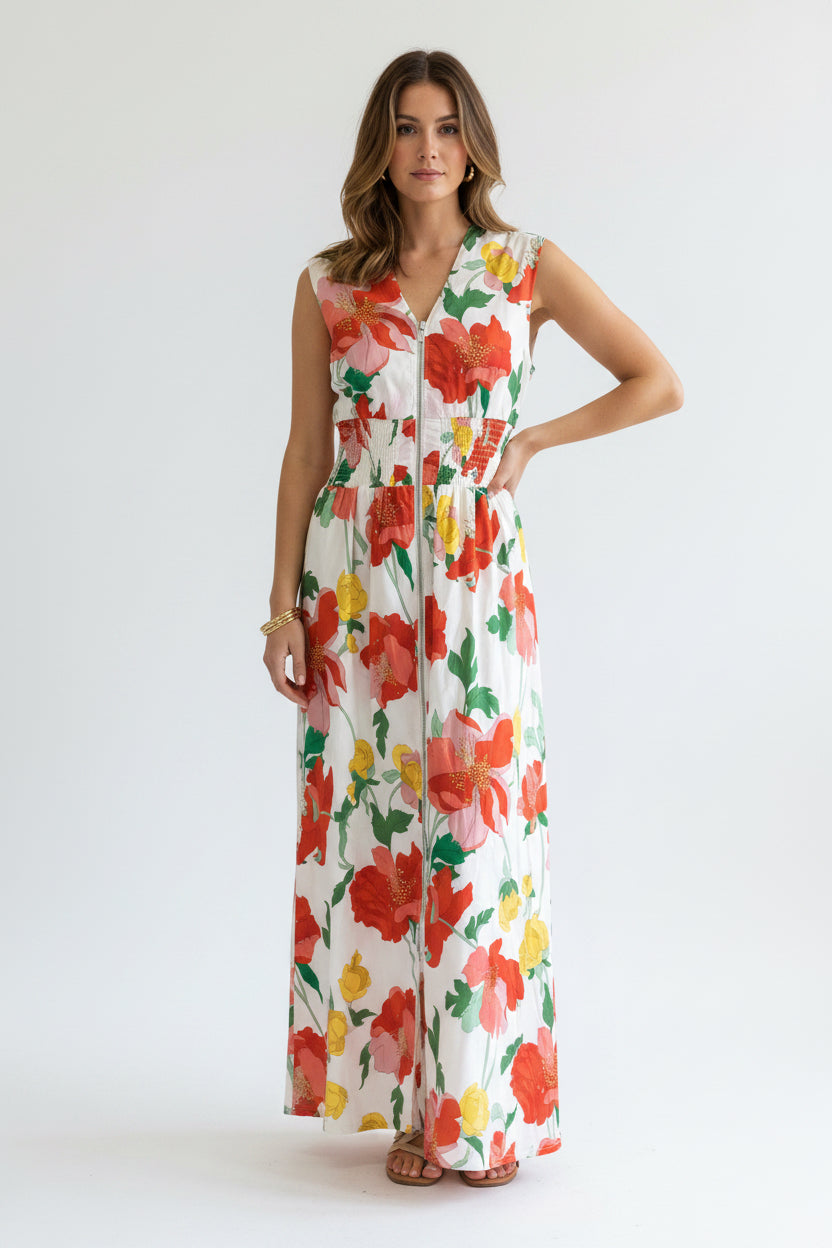 Drop Shoulder Smocked Waist Front Zip Floral Print Dress