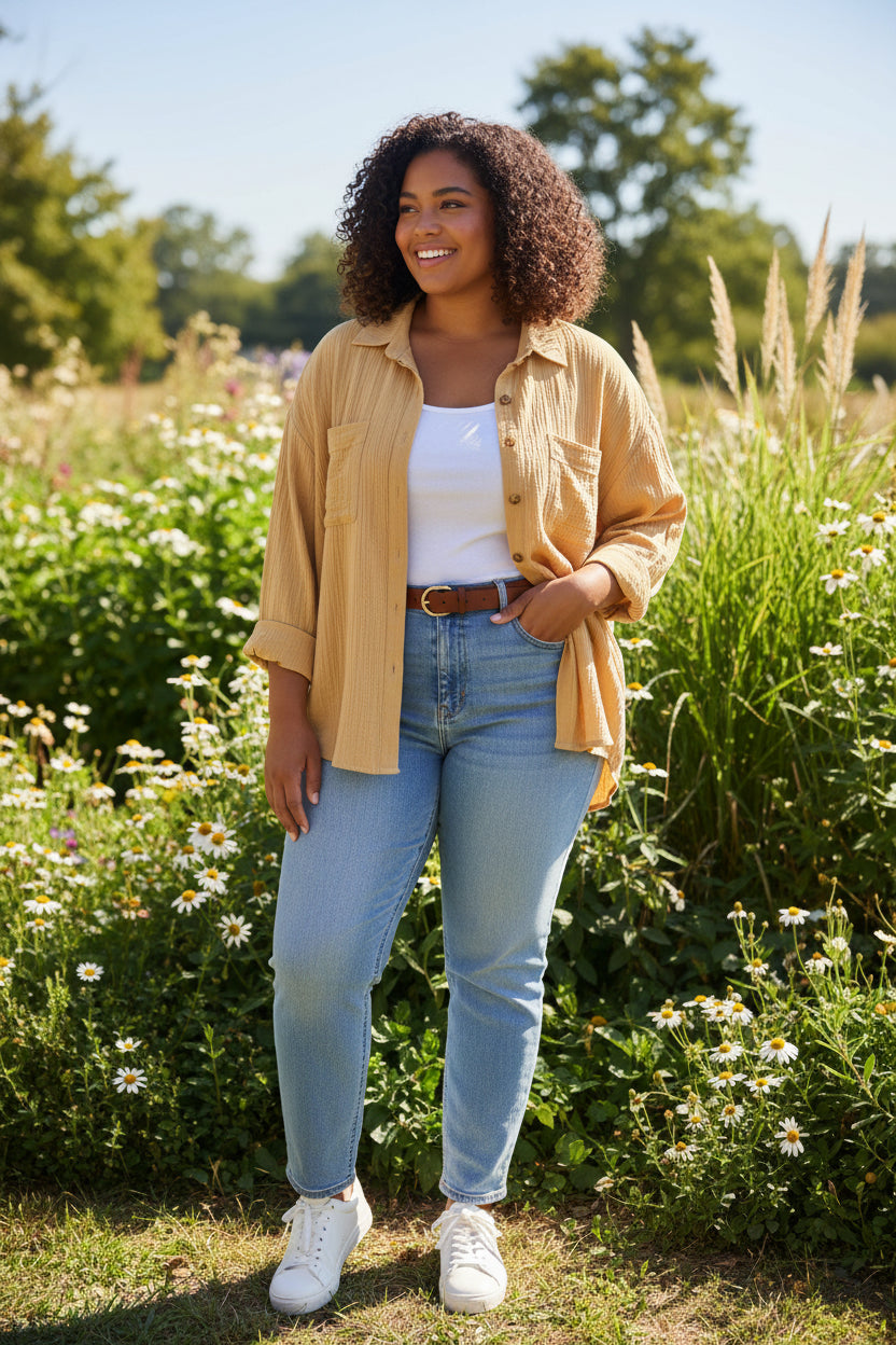 Plus Long Sleeve Double Gauze Shirt With Pockets