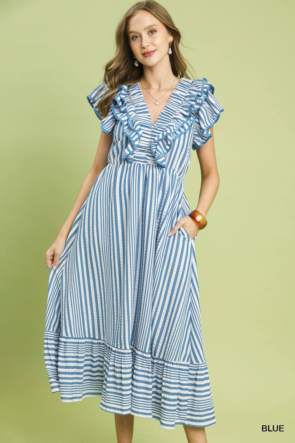 Stripe V-Neck Ruffle Midi Dress
