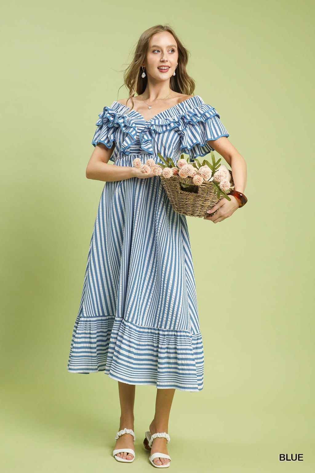Stripe V-Neck Ruffle Midi Dress