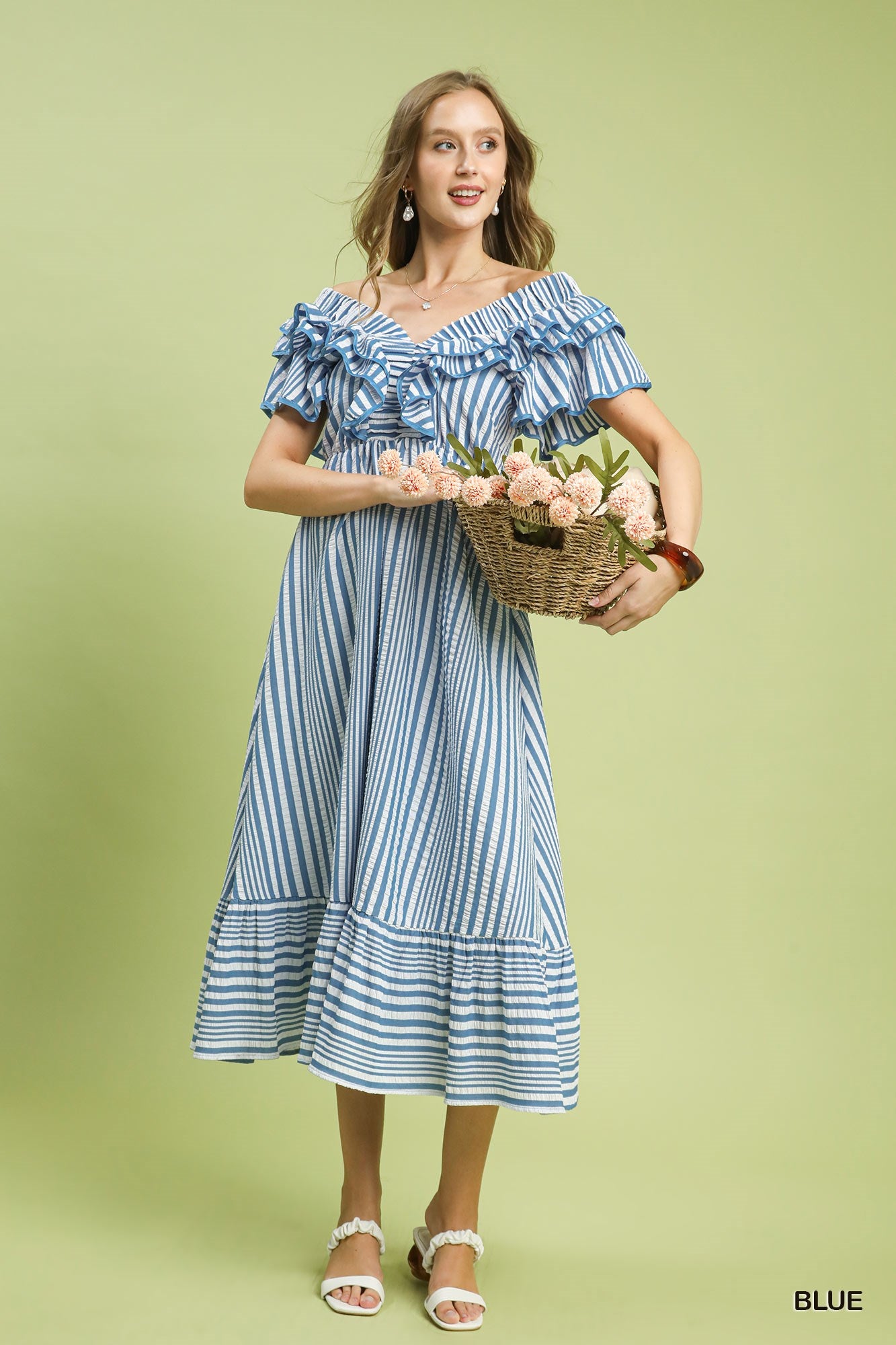 Stripe V-Neck Ruffle Midi Dress