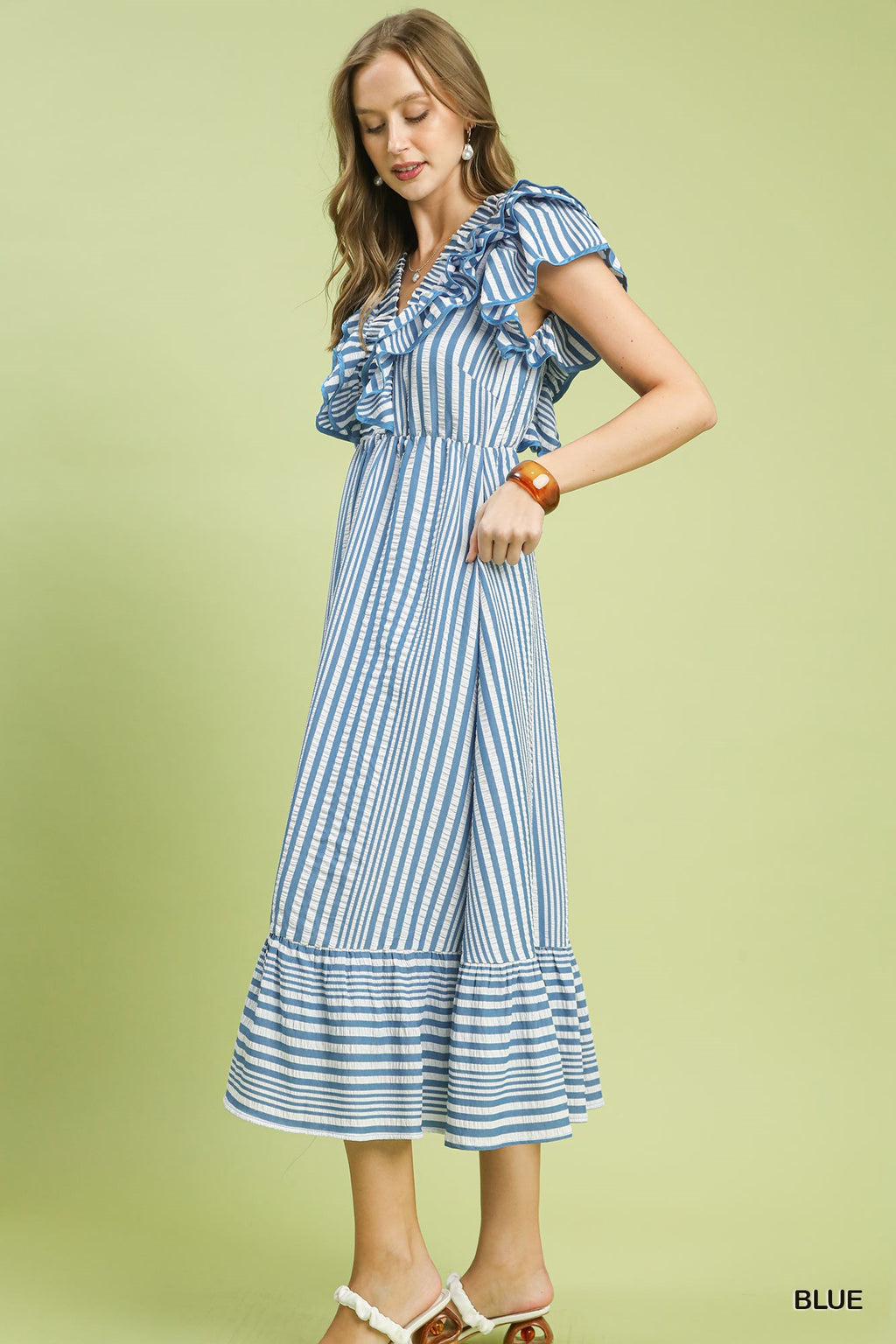 Stripe V-Neck Ruffle Midi Dress