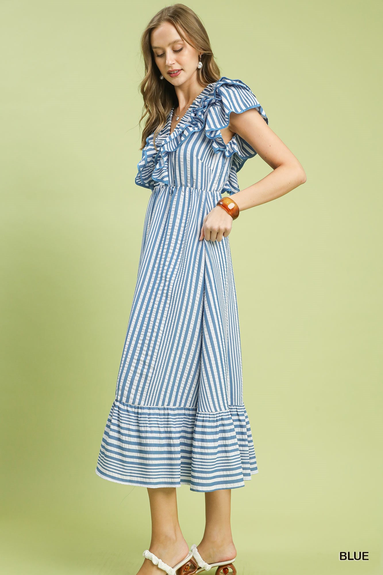 Stripe V-Neck Ruffle Midi Dress