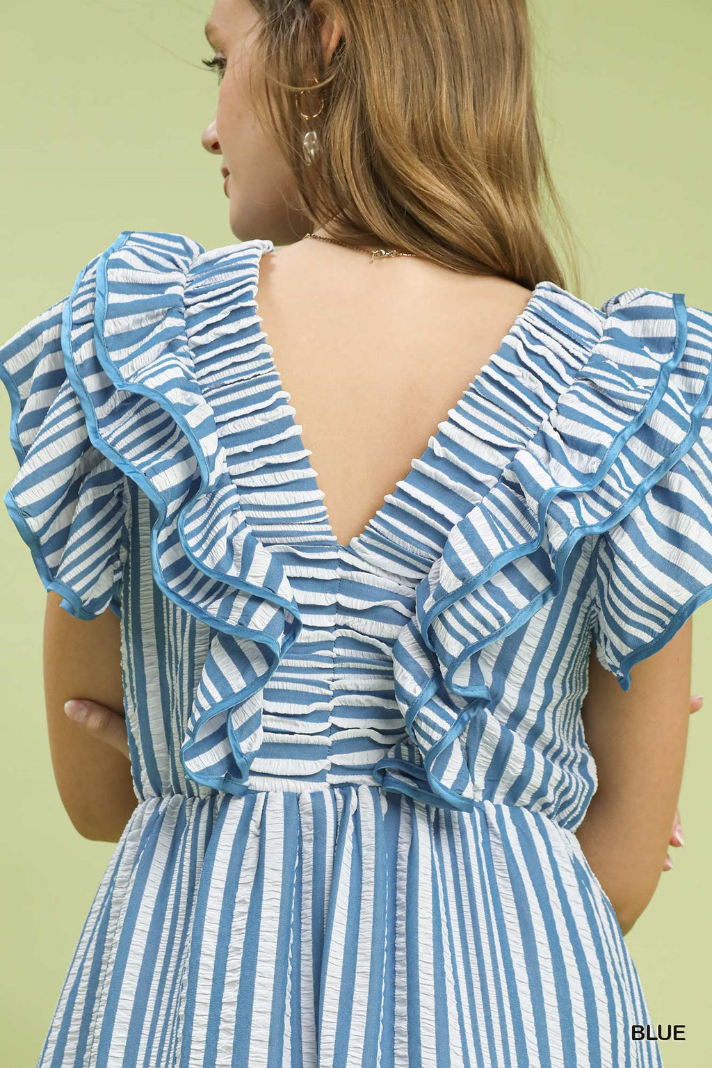 Stripe V-Neck Ruffle Midi Dress