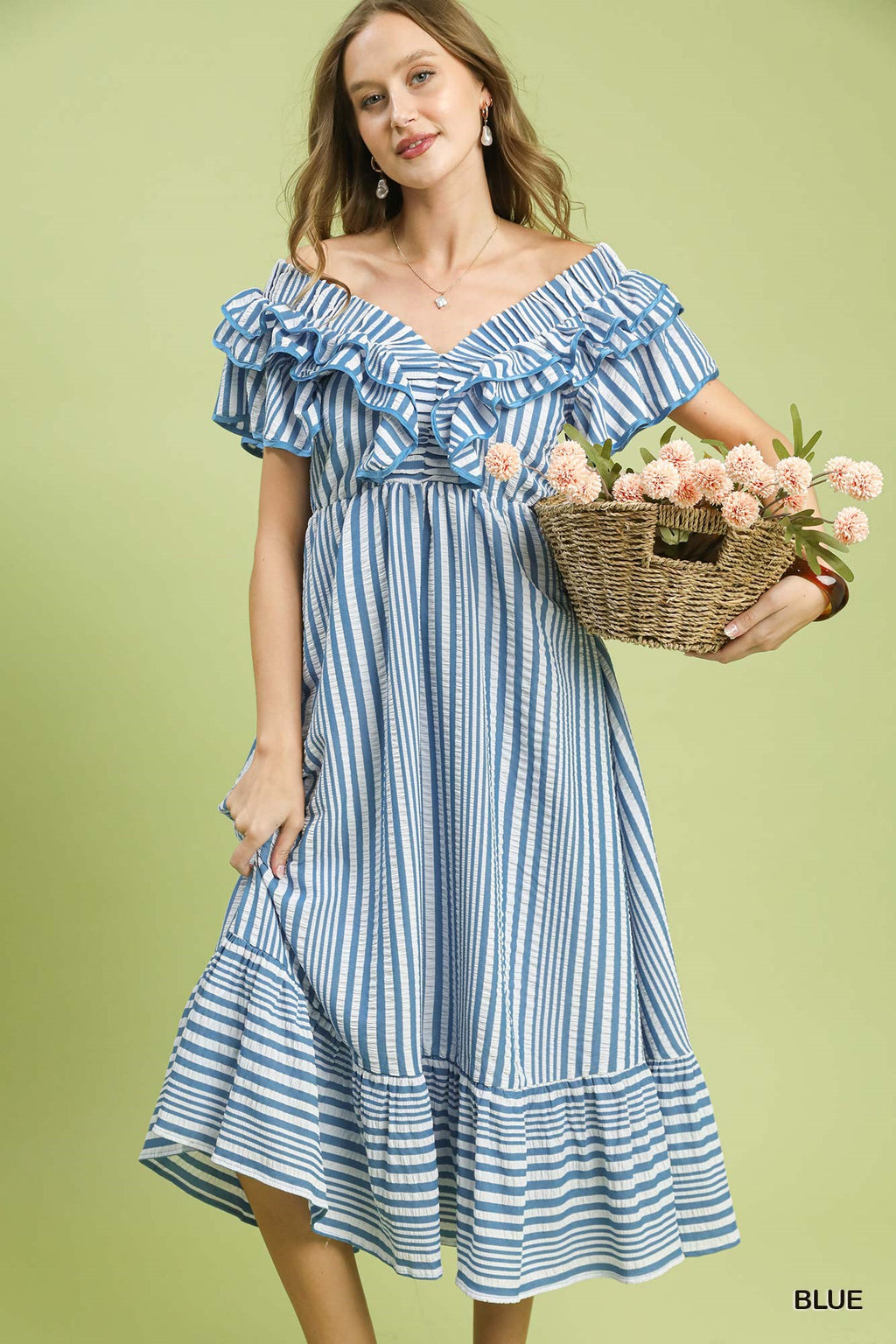 Stripe V-Neck Ruffle Midi Dress