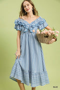 Stripe V-Neck Ruffle Midi Dress