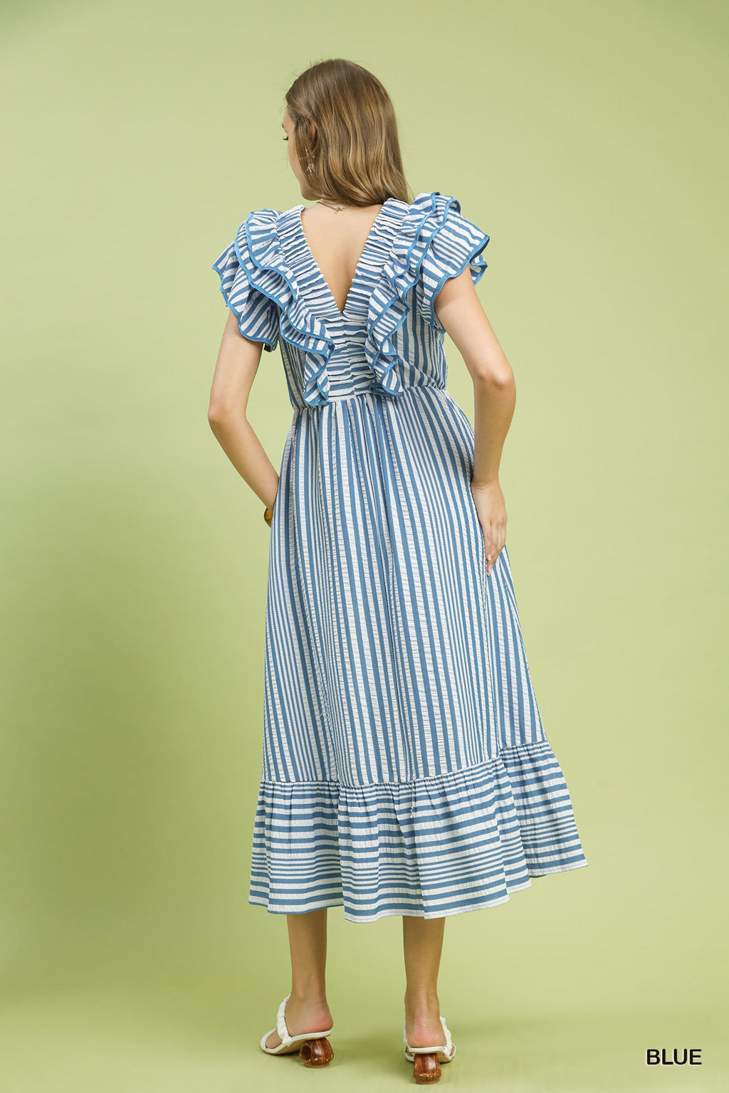 Stripe V-Neck Ruffle Midi Dress