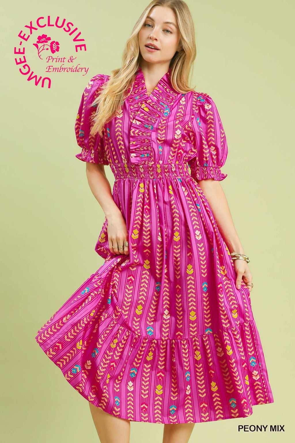 Vibrant Ruffle Smocked Midi Dress