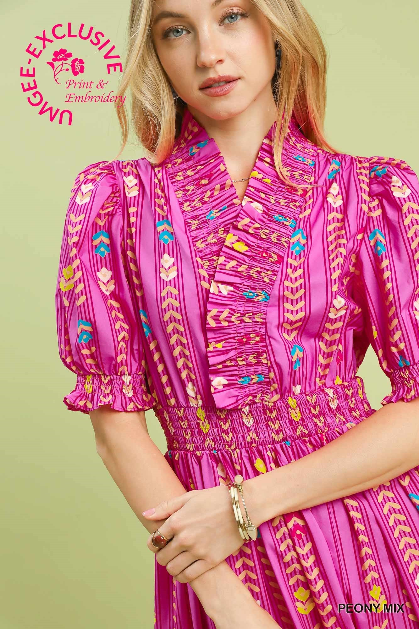 Vibrant Ruffle Smocked Midi Dress