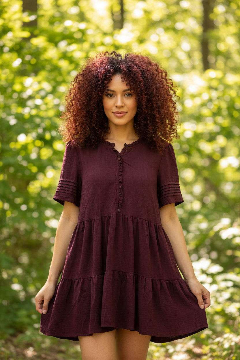Half Pleated Sleeve Ruffled Detail Tiered Mini Dress With Pockets