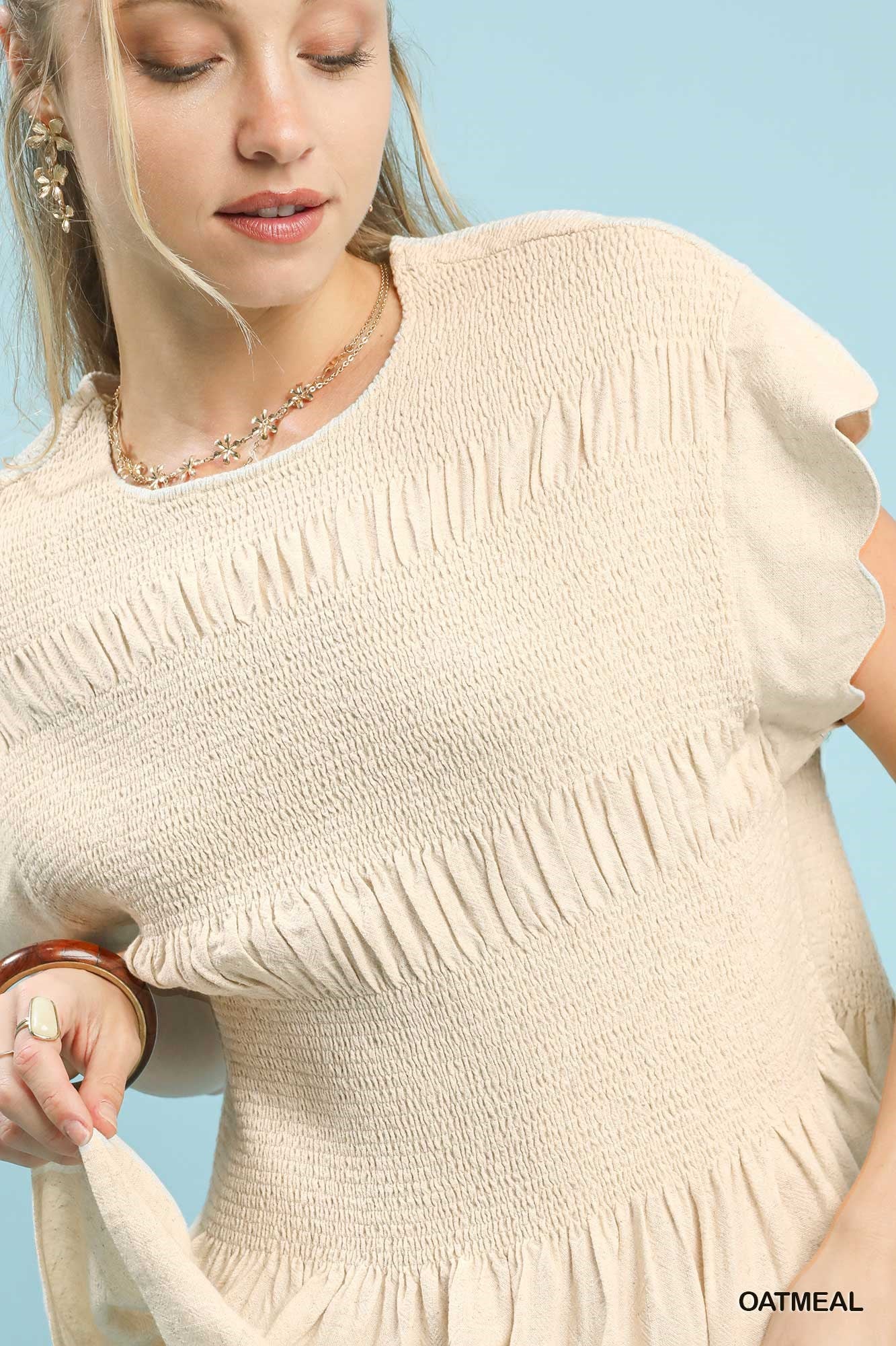 Linen Blend Smocked Peplum Top
