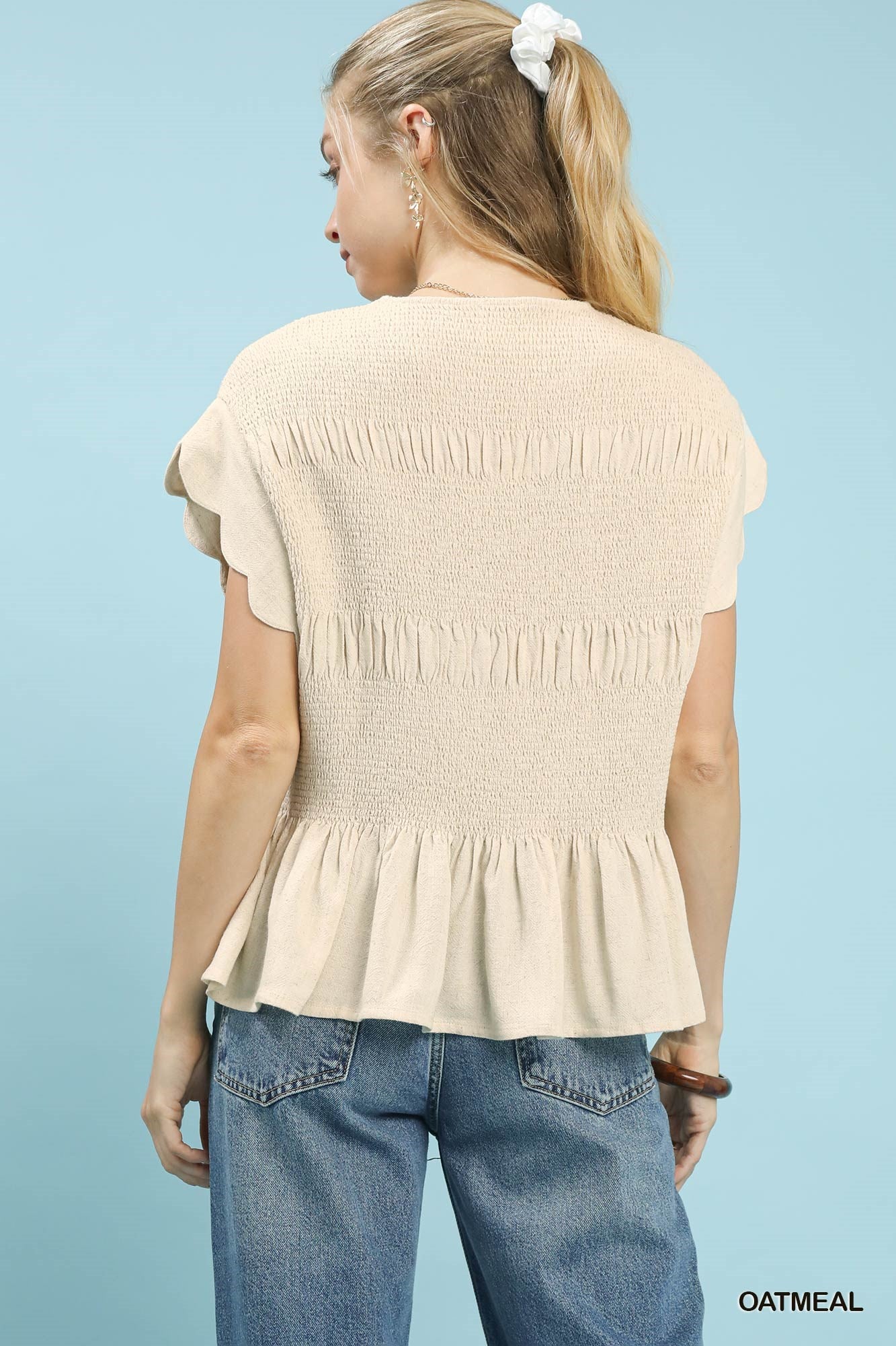 Linen Blend Smocked Peplum Top