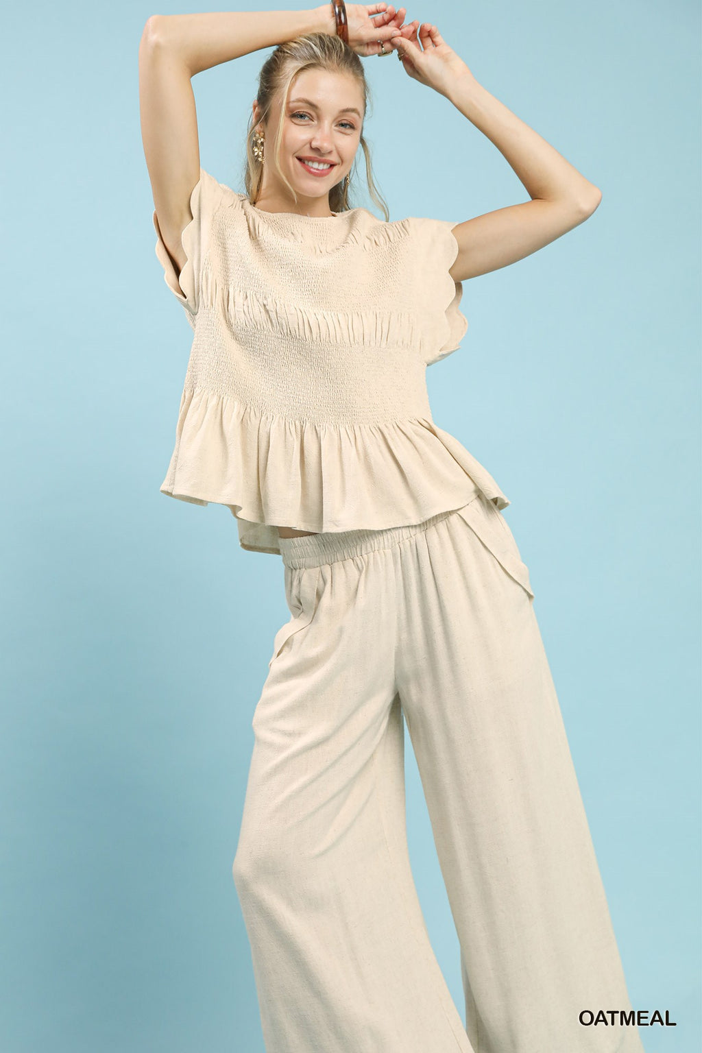 Linen Blend Smocked Peplum Top