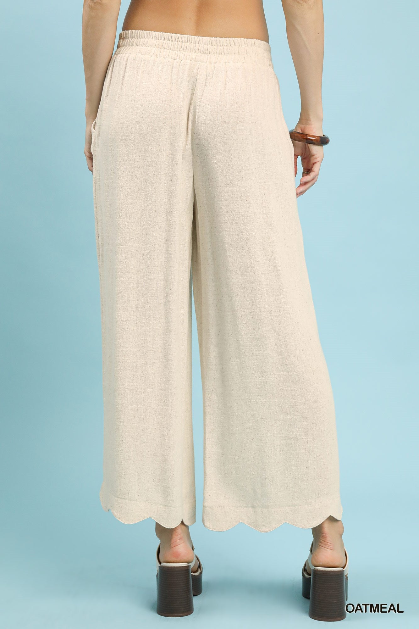 Linen Blend Scalloped Hem Pants