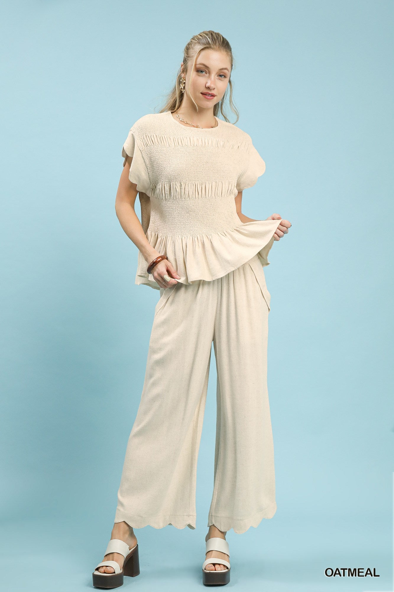 Linen Blend Scalloped Hem Pants