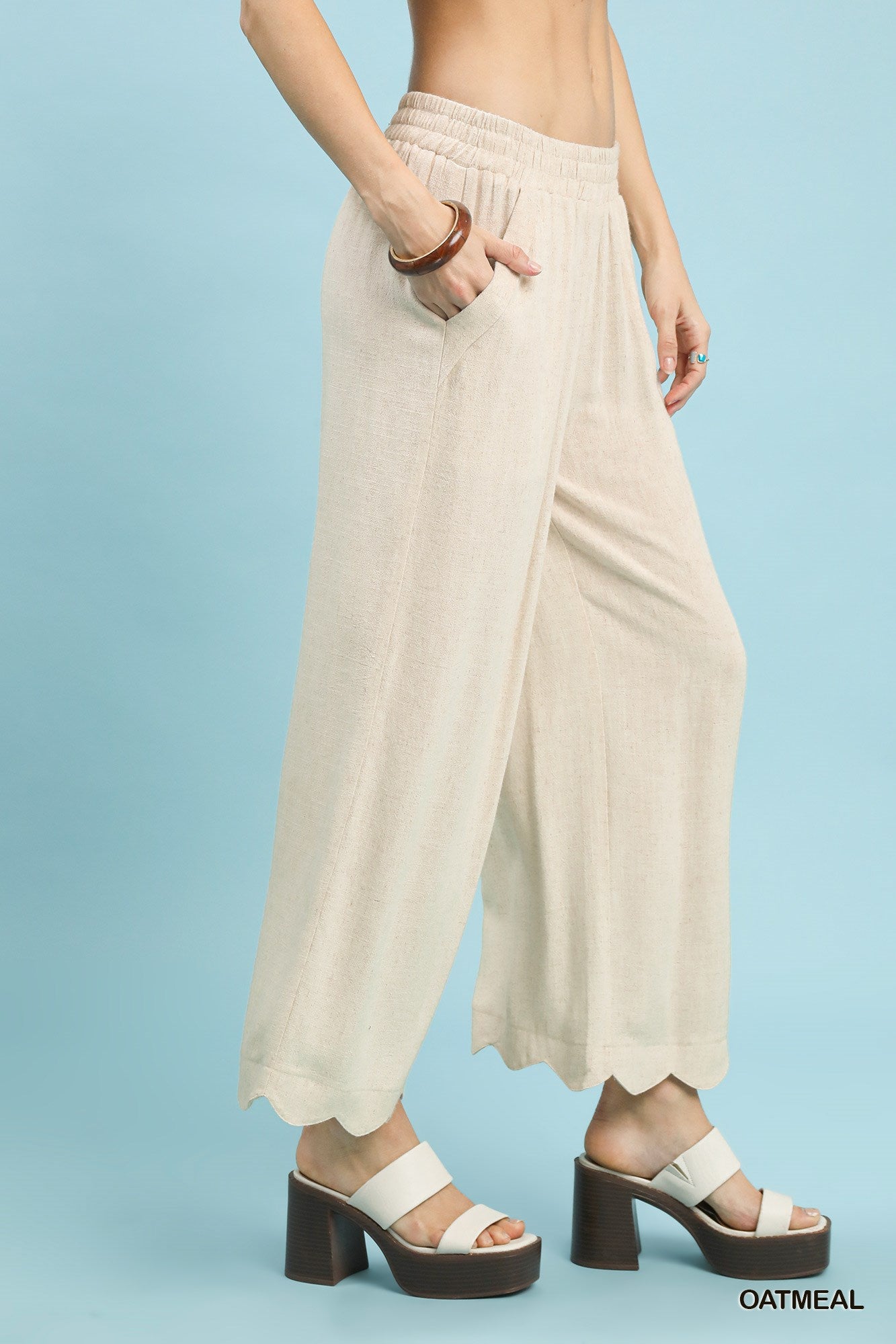 Linen Blend Scalloped Hem Pants