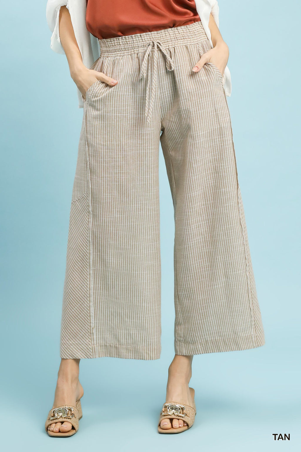 Linen-Cotton Stripe Wide Leg Pants