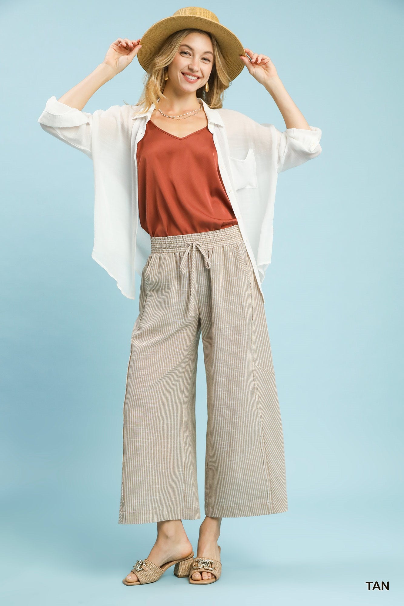 Linen-Cotton Stripe Wide Leg Pants