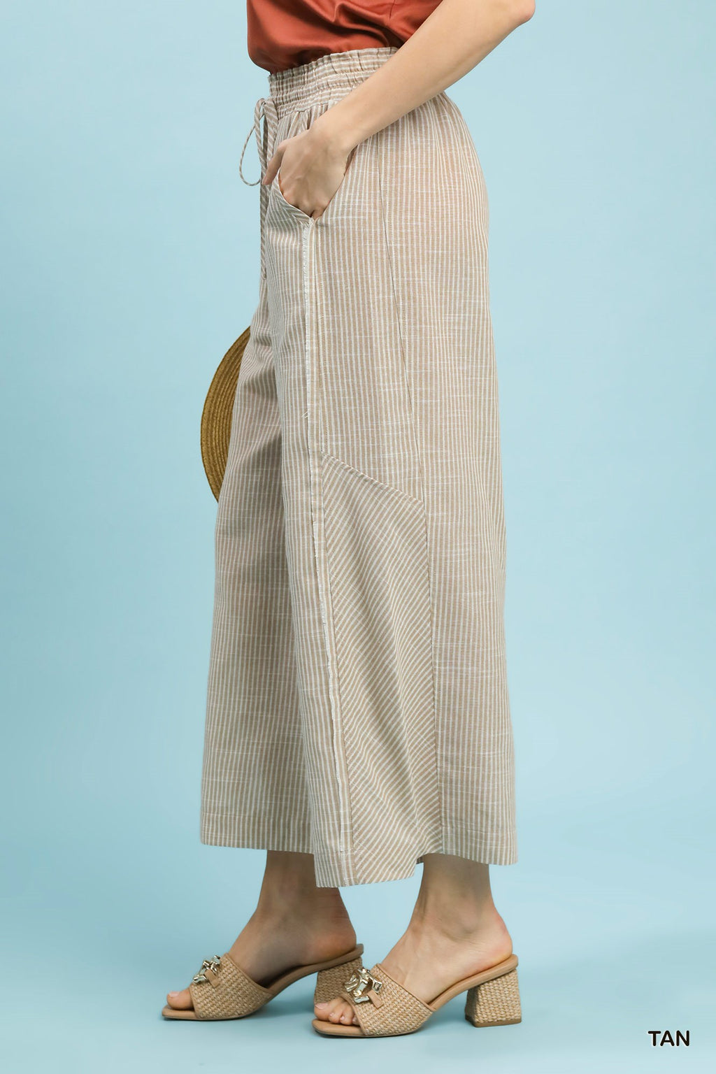 Linen-Cotton Stripe Wide Leg Pants