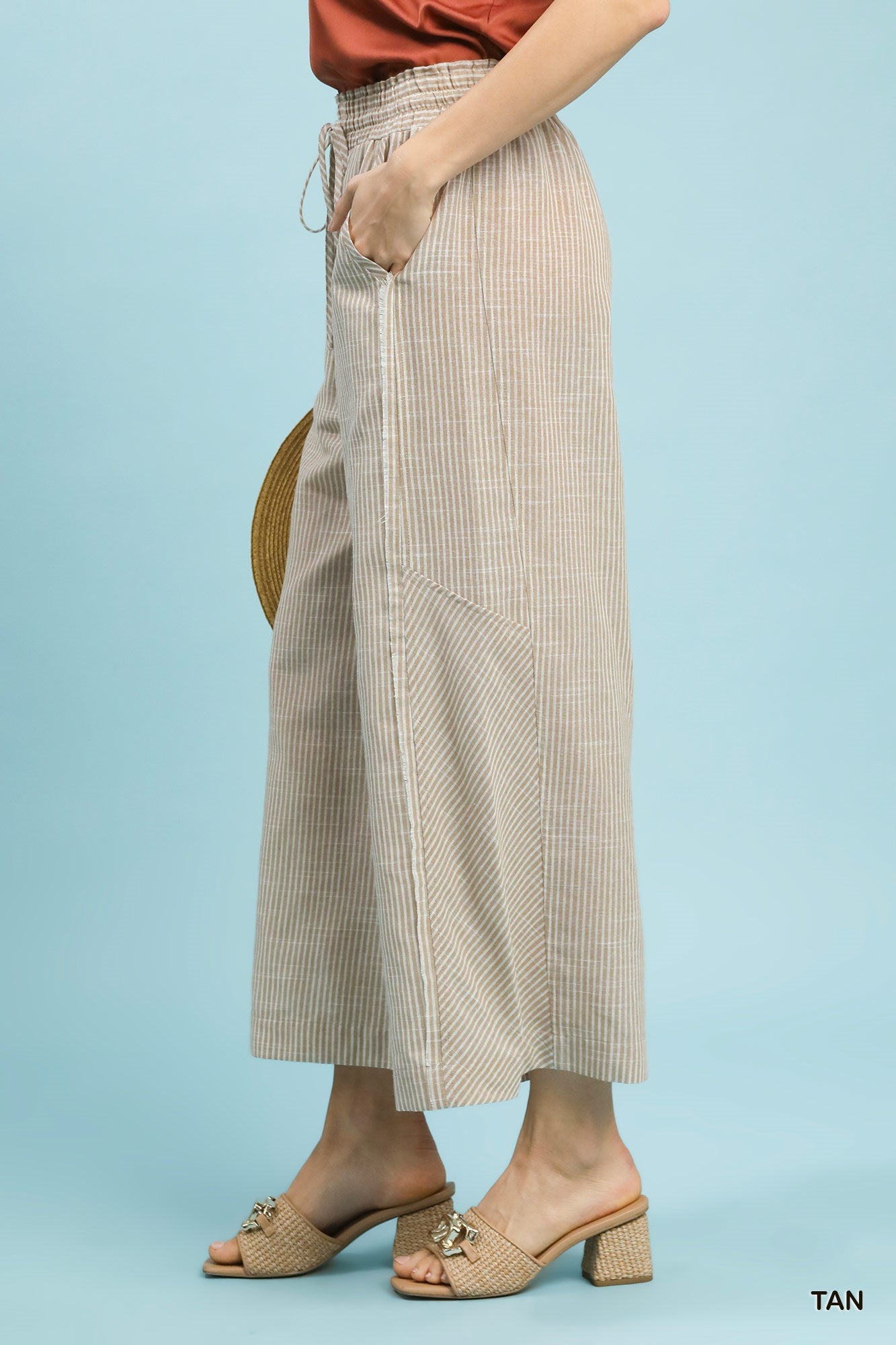 Linen-Cotton Stripe Wide Leg Pants