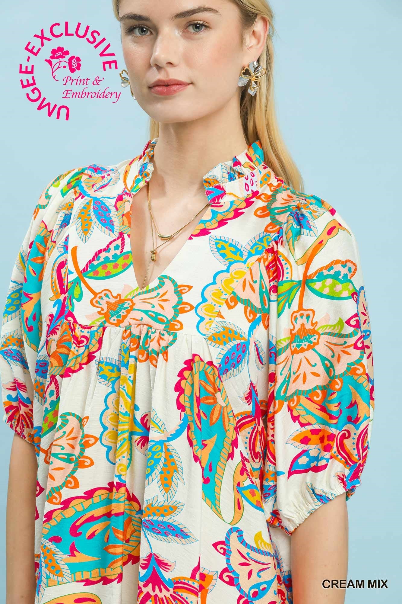 Abstract Print Ruffled Neck Mini Dress