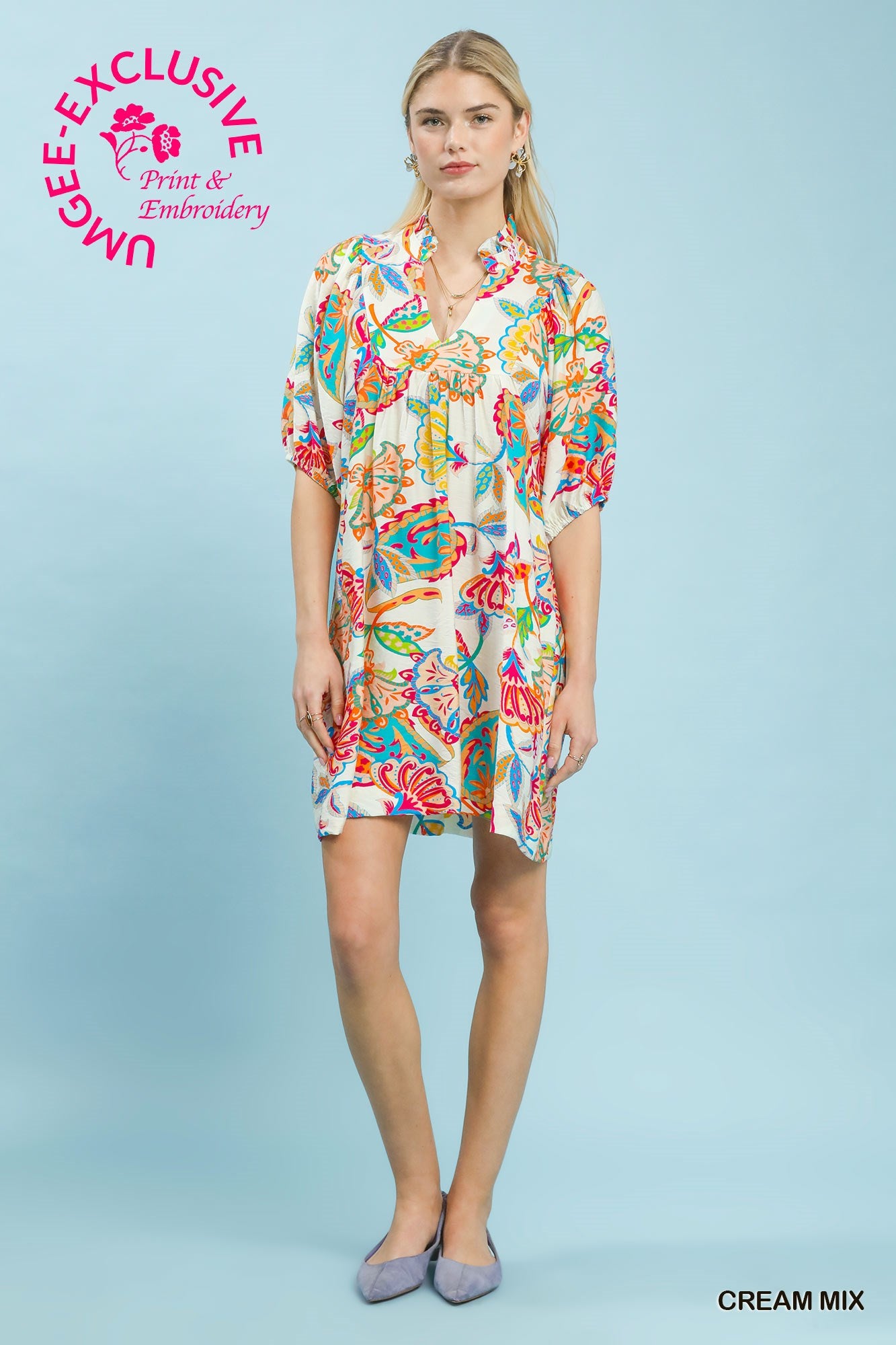 Abstract Print Ruffled Neck Mini Dress