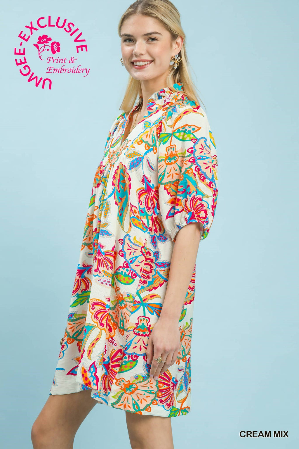 Abstract Print Ruffled Neck Mini Dress