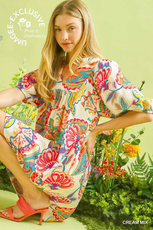 Abstract Print Ruffled Neck Mini Dress