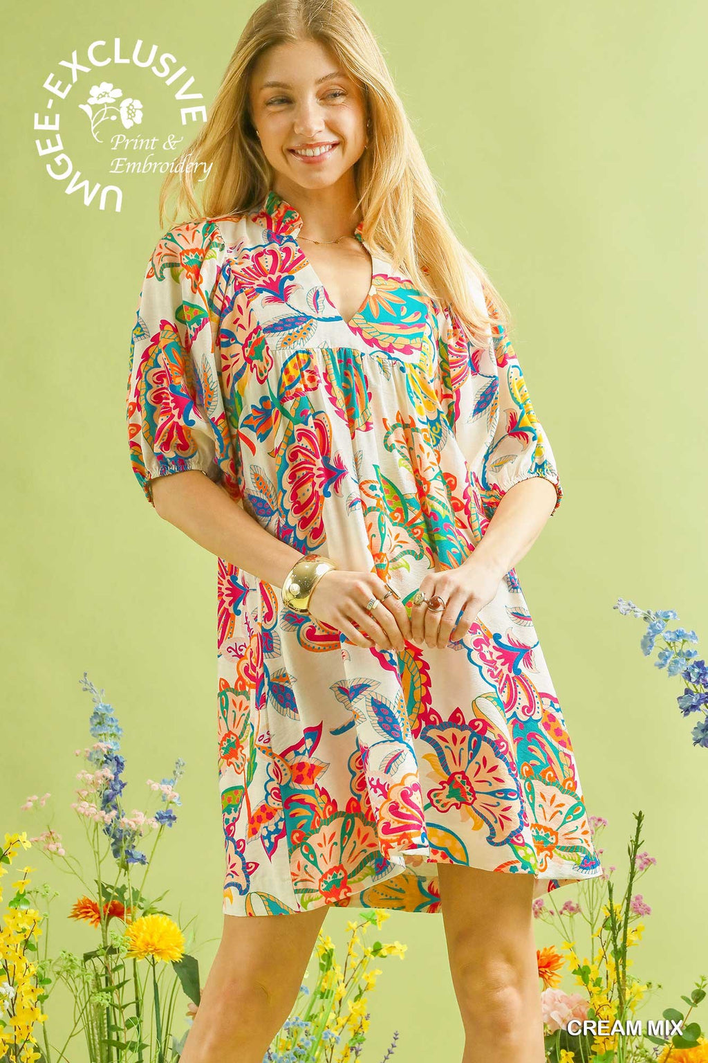 Abstract Print Ruffled Neck Mini Dress