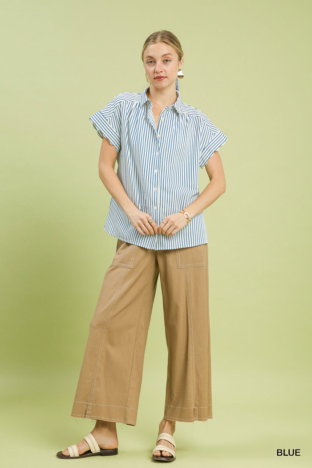 Striped Button-Down Top with Scallop Sleeves