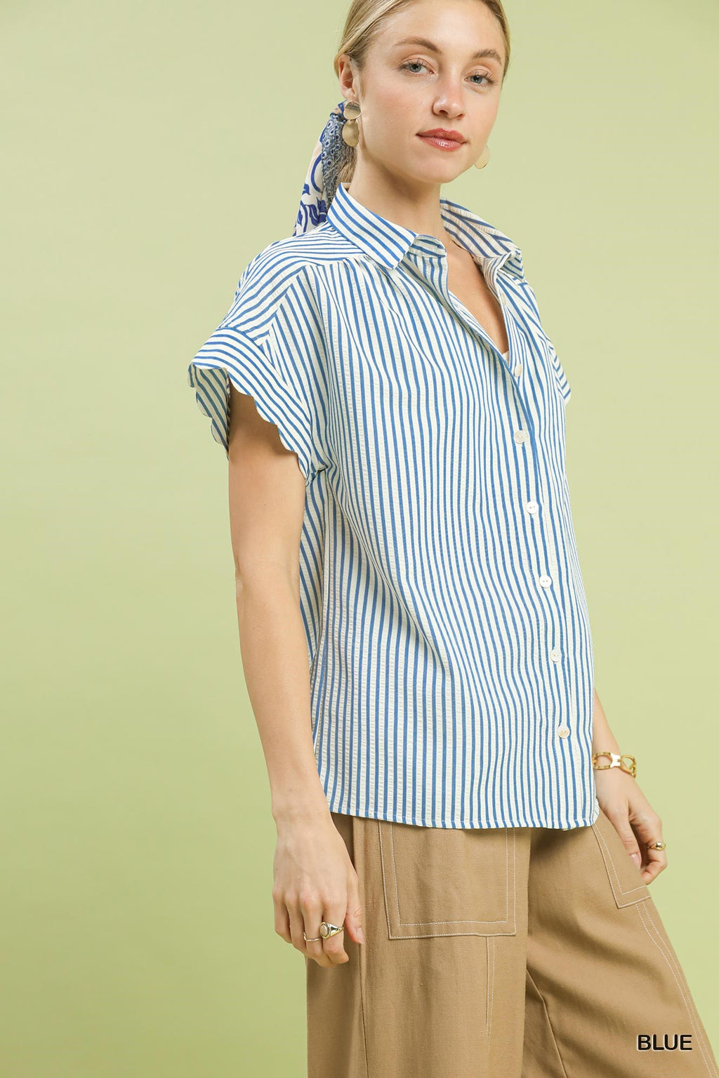 Striped Button-Down Top with Scallop Sleeves