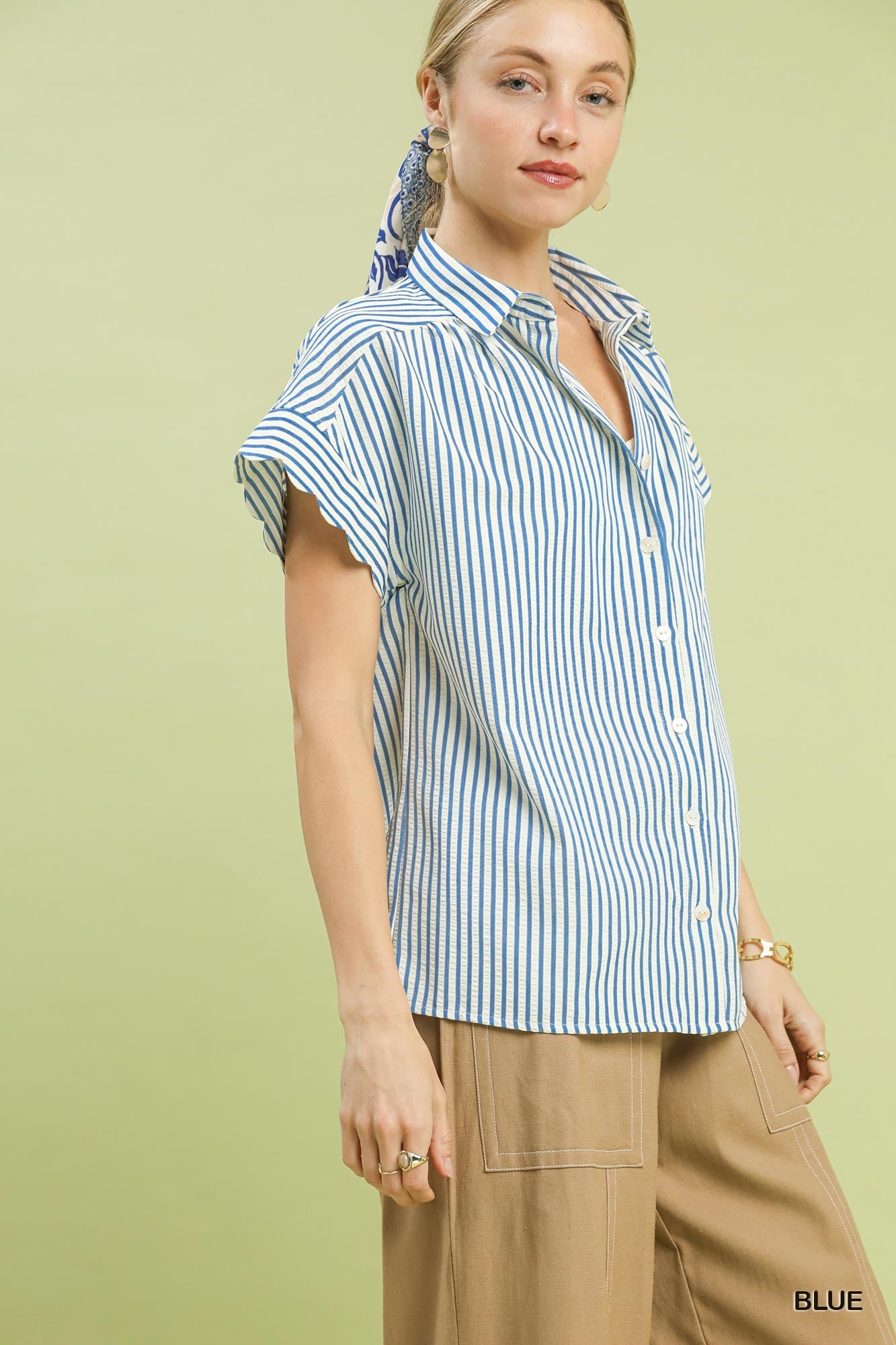 Striped Button-Down Top with Scallop Sleeves