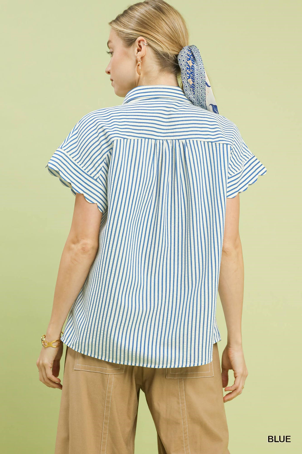 Striped Button-Down Top with Scallop Sleeves