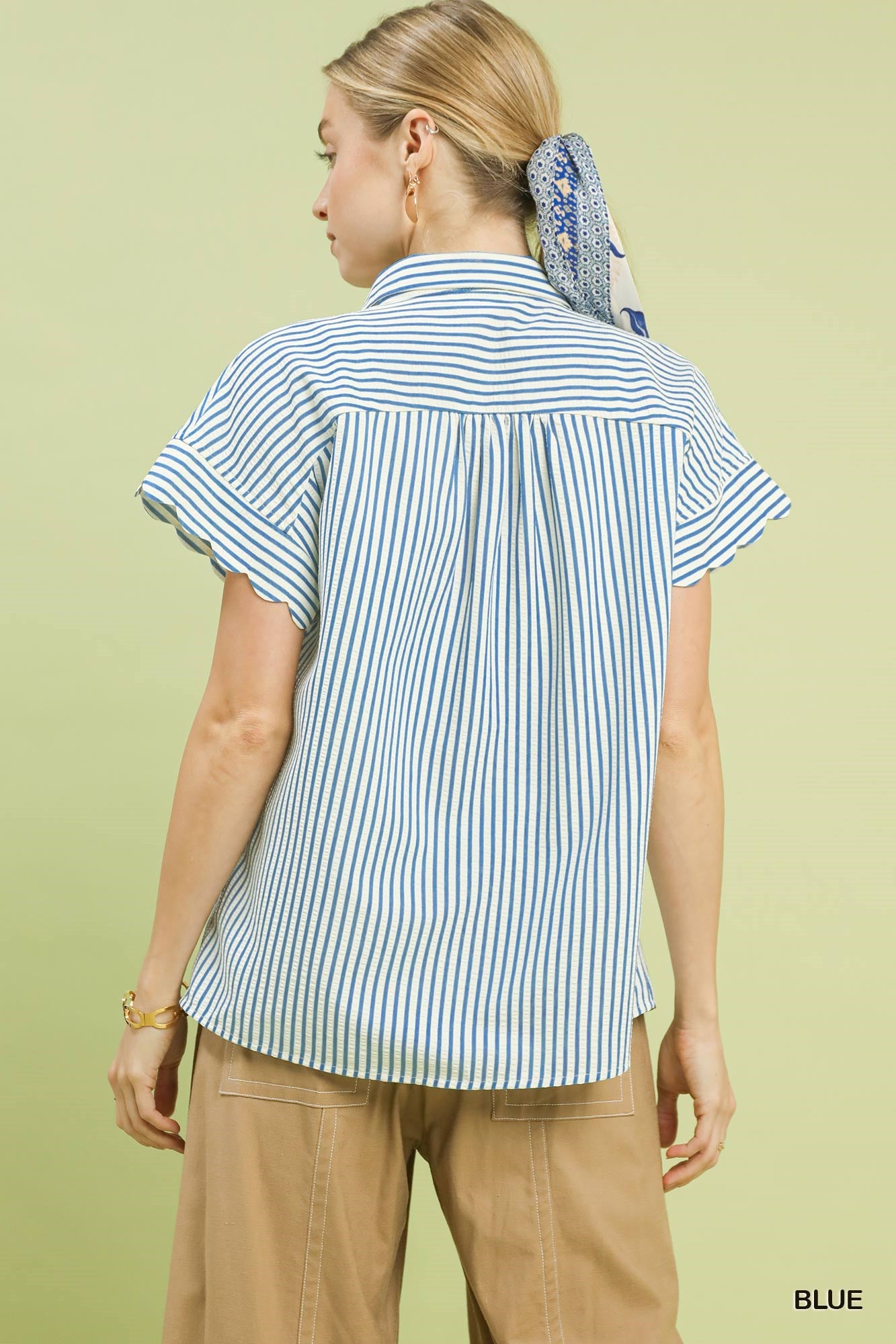 Striped Button-Down Top with Scallop Sleeves