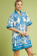 Mix Border Print Dress w/ Contrast Trim