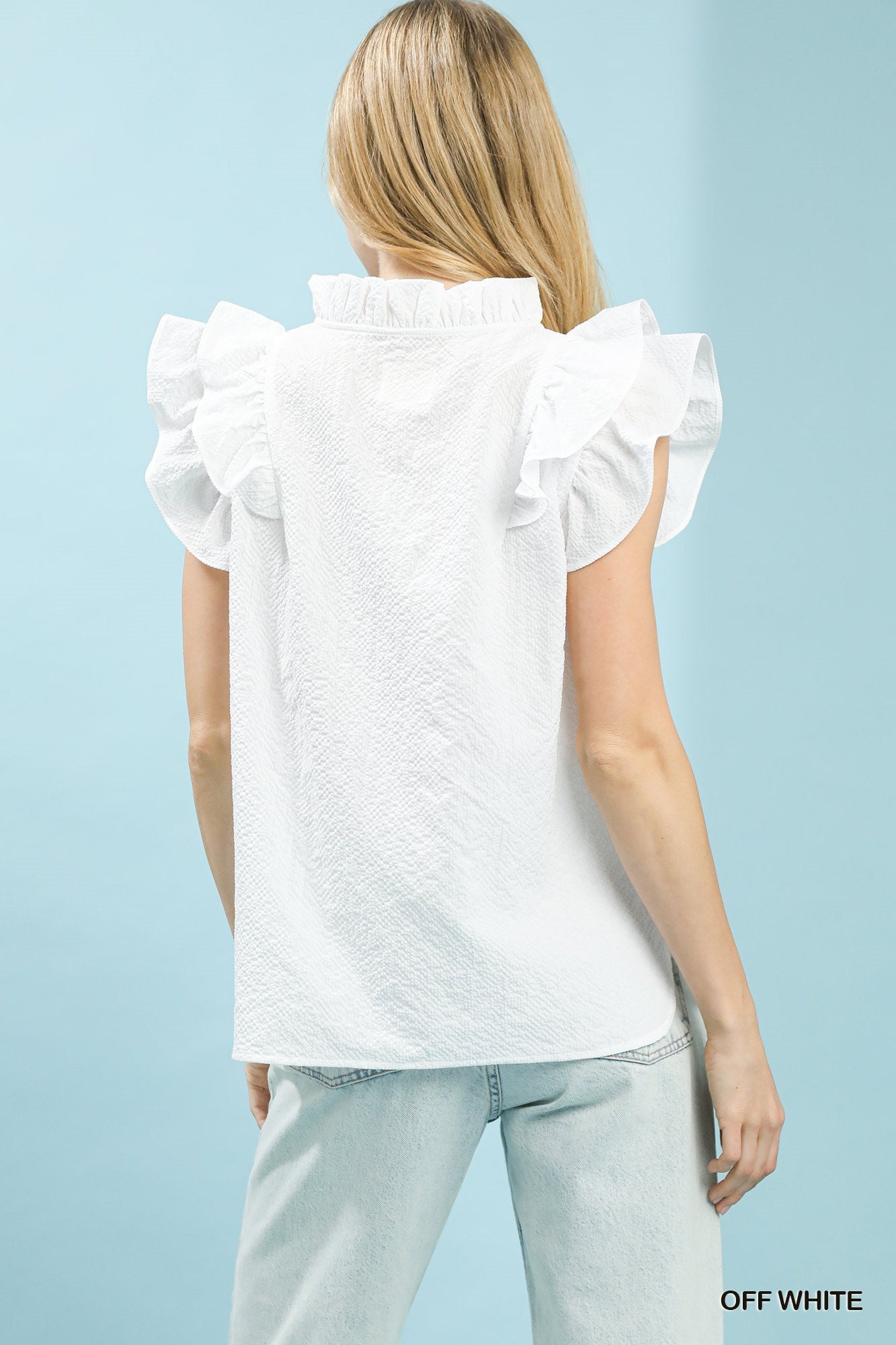 Texture Fabric V-Neck Ruffle Sleeve Top